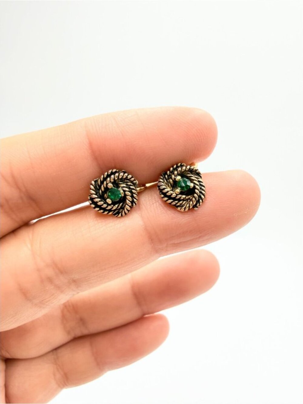 Vintage Gold-Tone Green Crystal Rope Knot Clip-On Earrings